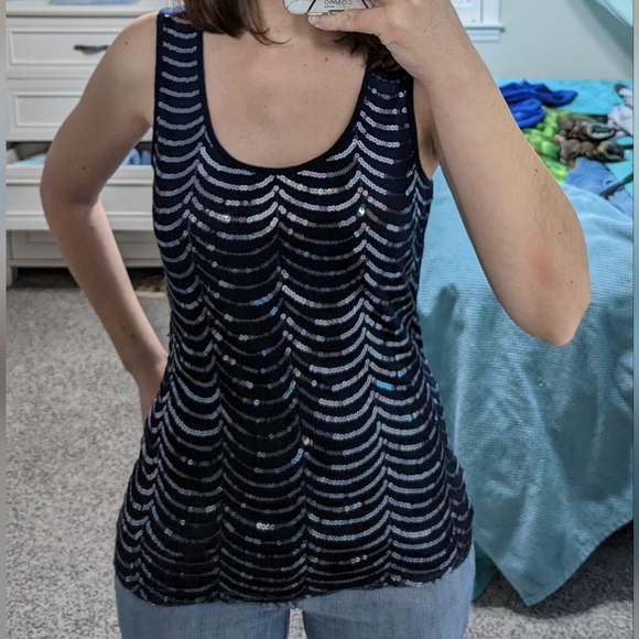 Beautiful Studio Y Navy Blue Sequin Tank Top Size Small - Picture 2 of 9